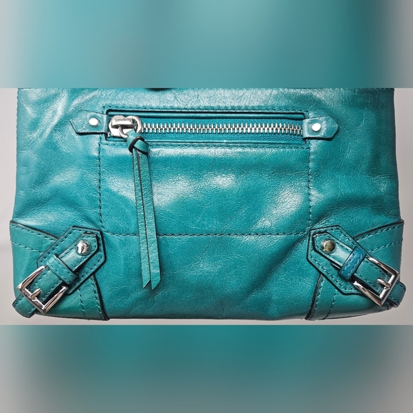 Michael Kors Large Fallon Leather Aqua Turquoise Silver Zip Clutch Wristlet - Picture 4 of 16